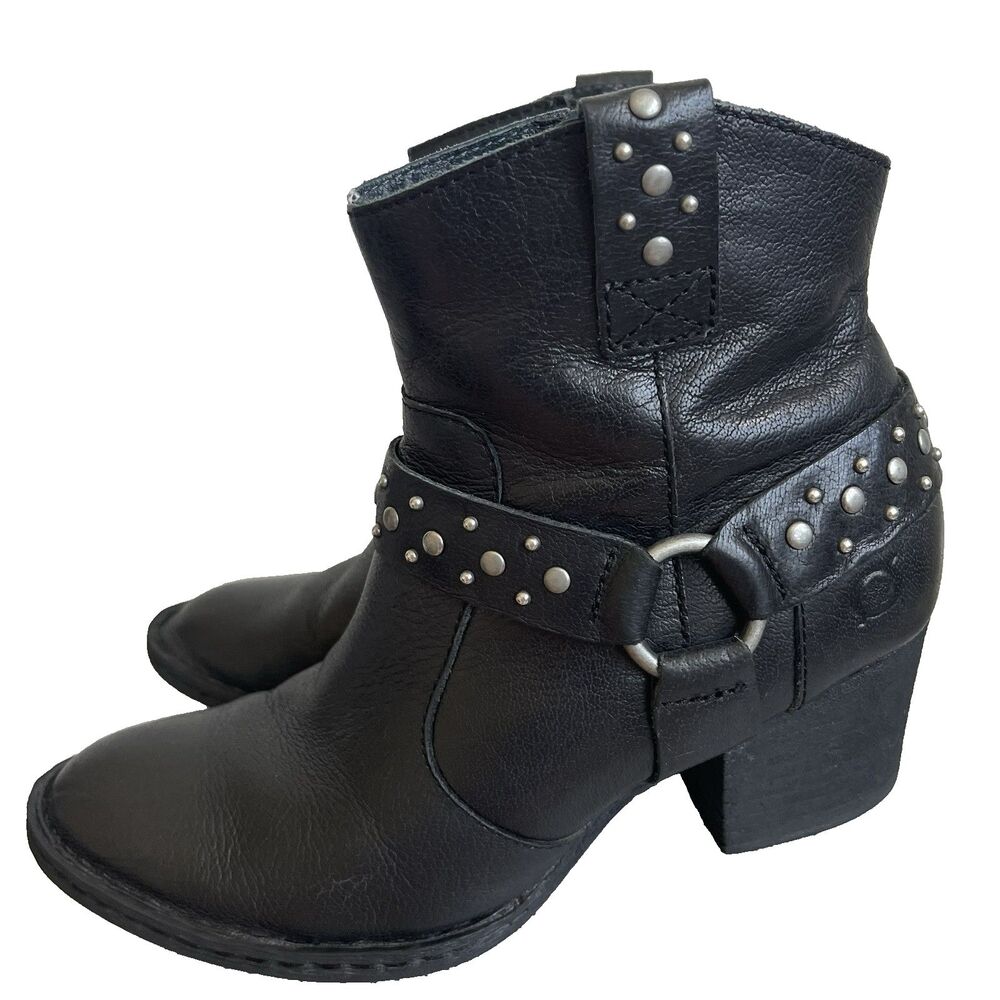 Born Slater Western Studded Harness Boots Block Heel Black Size 6.5 M/W‎